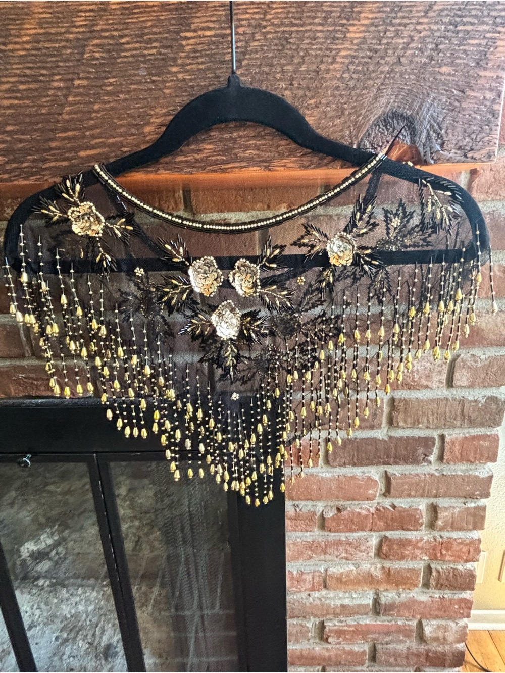 Chic Beaded Floral Fringe top - Black & Gold